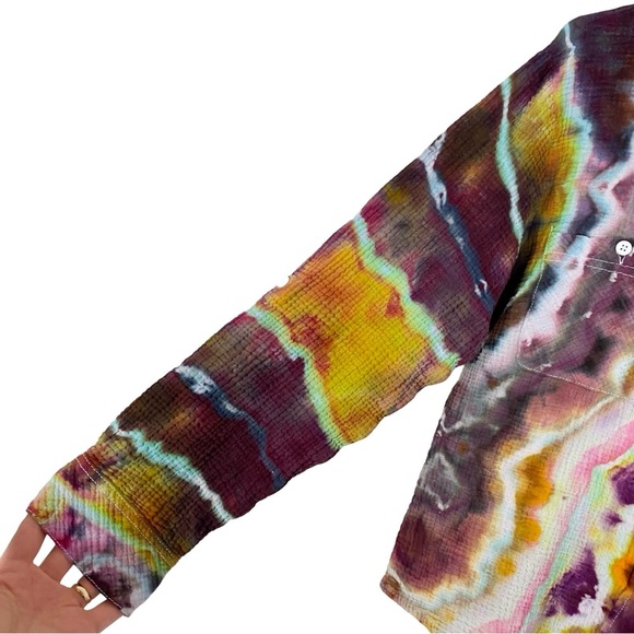 Handmade Geode Tie Dye Button Down Shirt Womens Small Colorful Cotton Crepe Pink - Picture 7 of 13